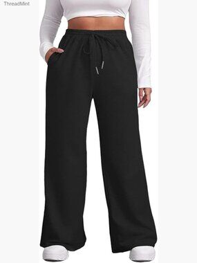 Plus Size Wide Leg Sweatpants with Pockets, High Waisted Lounge Pants for Women